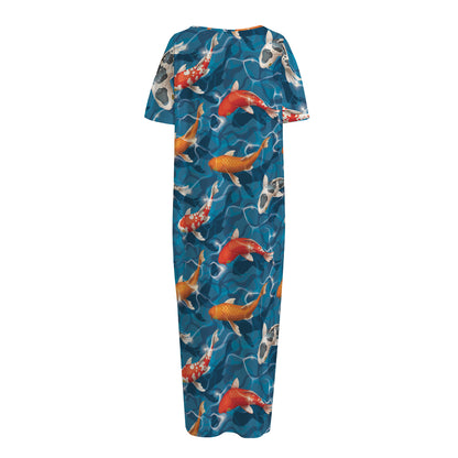 Koi Fish Pattern Print Short Sleeve Long Nightdress