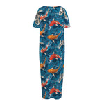 Koi Fish Pattern Print Short Sleeve Long Nightdress