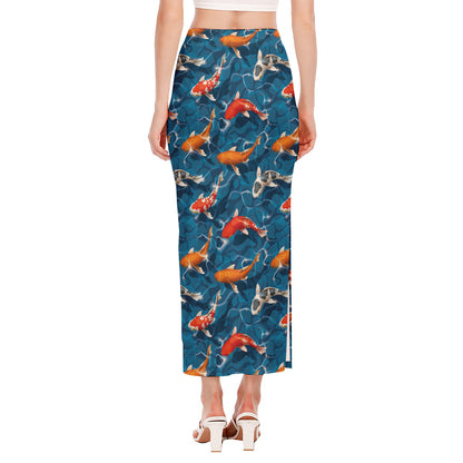 Koi Fish Pattern Print Side Slit Maxi Skirt