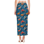 Koi Fish Pattern Print Side Slit Maxi Skirt