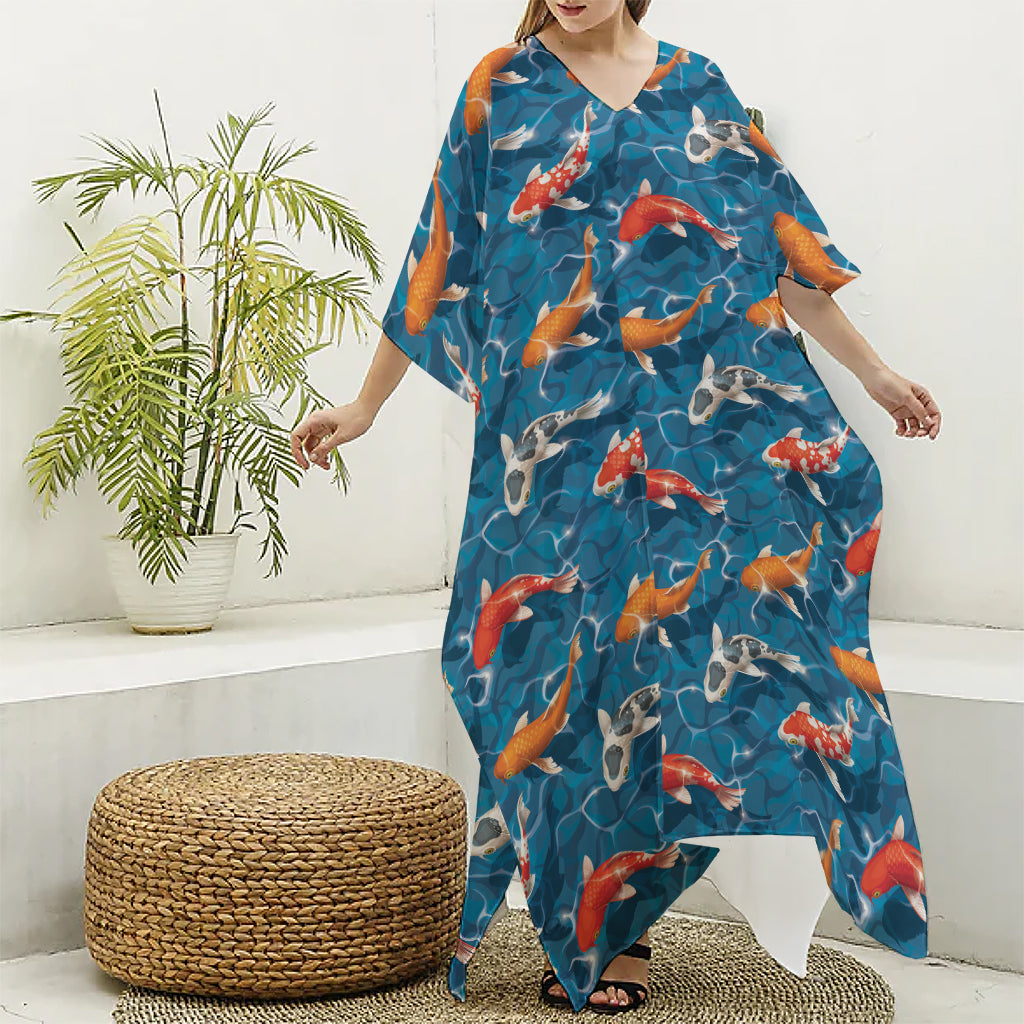 Koi Fish Pattern Print Silk V-Neck Kaftan Dress