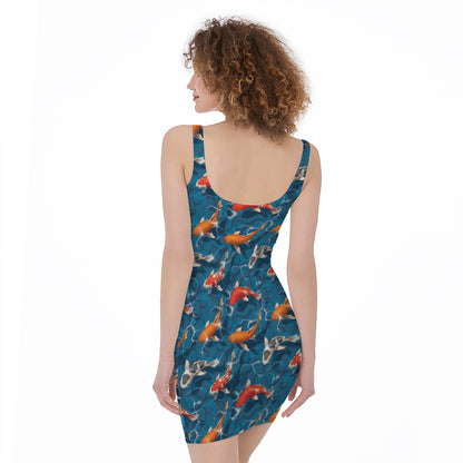 Koi Fish Pattern Print Sleeveless Bodycon Dress