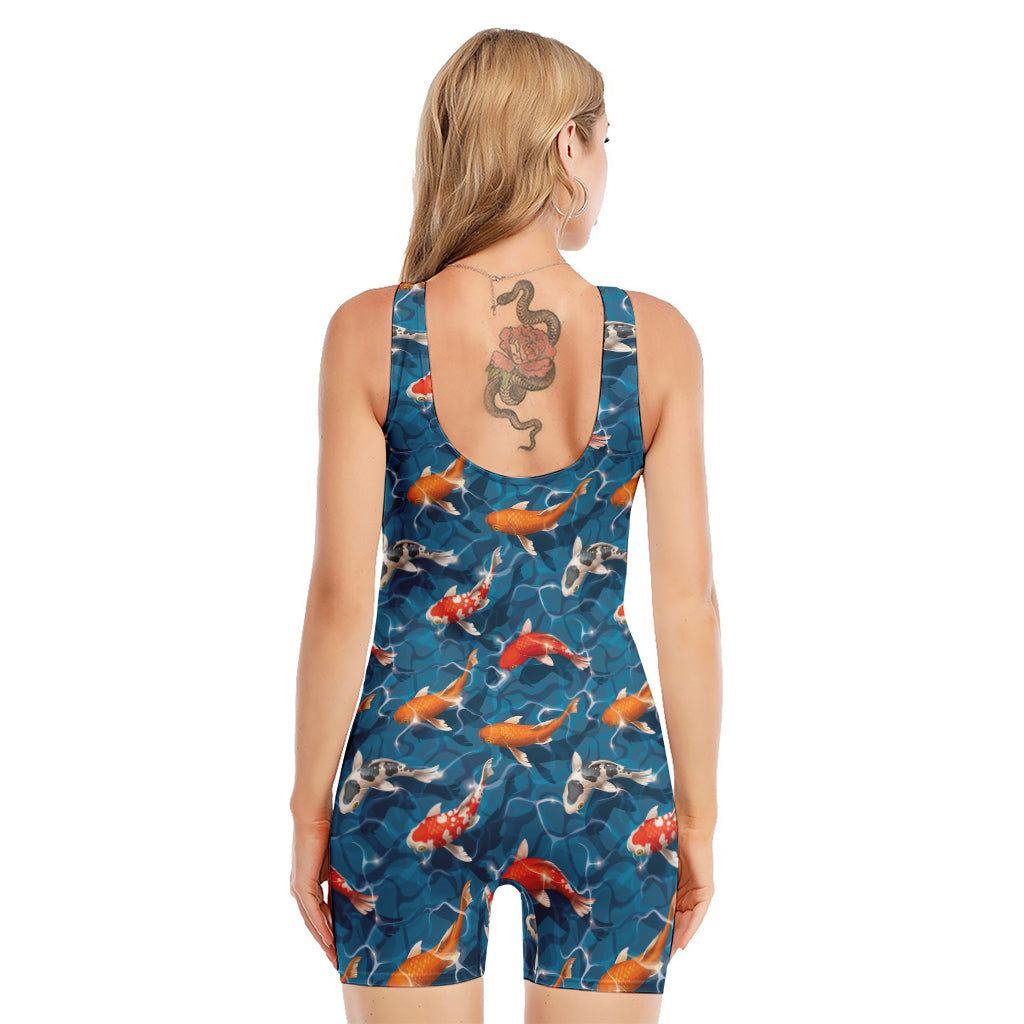 Koi Fish Pattern Print Sleeveless One Piece Swimsuit