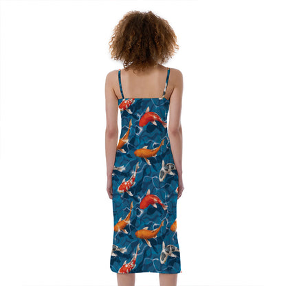 Koi Fish Pattern Print Slim Fit Midi Cami Dress