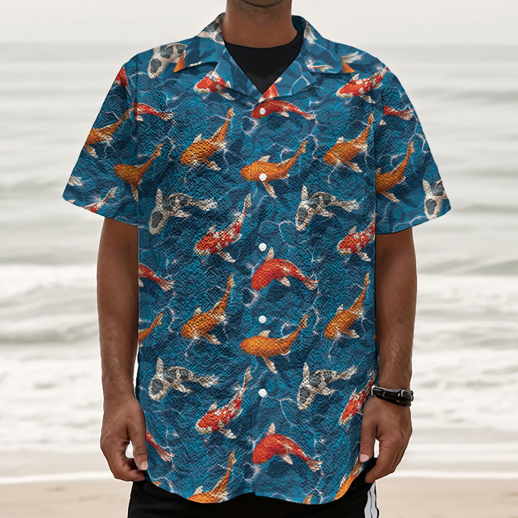 Koi Fish Pattern Print Textured Short Sleeve Shirt