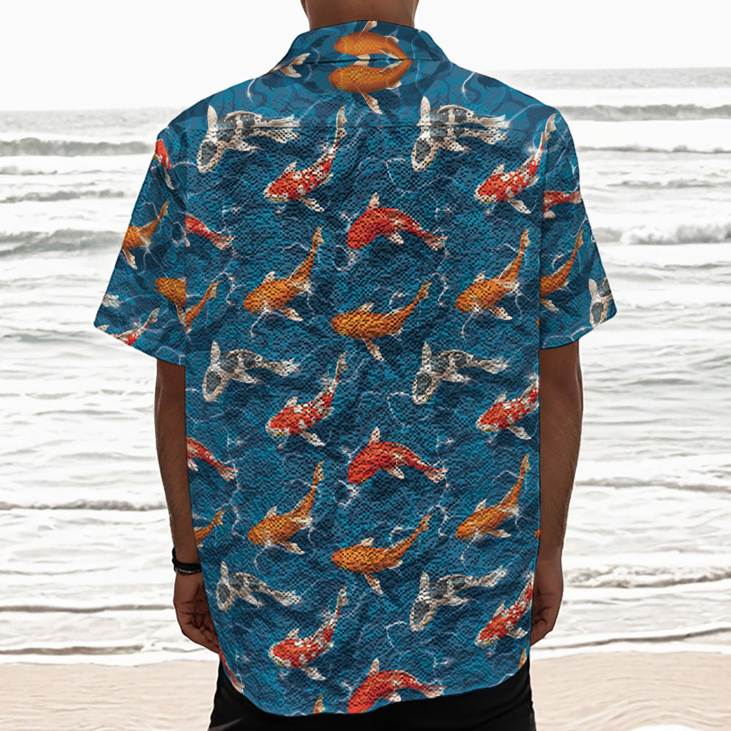 Koi Fish Pattern Print Textured Short Sleeve Shirt