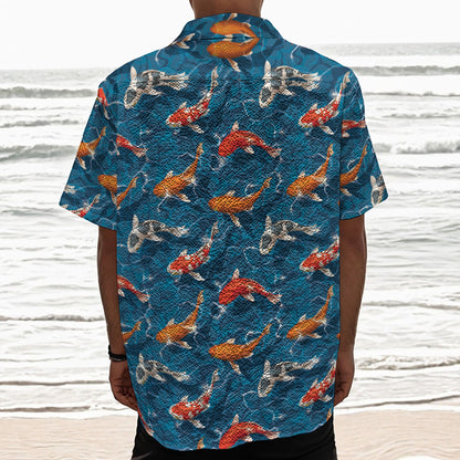 Koi Fish Pattern Print Textured Short Sleeve Shirt