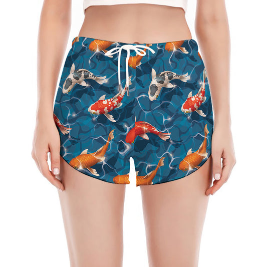 Koi Fish Pattern Print Women's Split Running Shorts