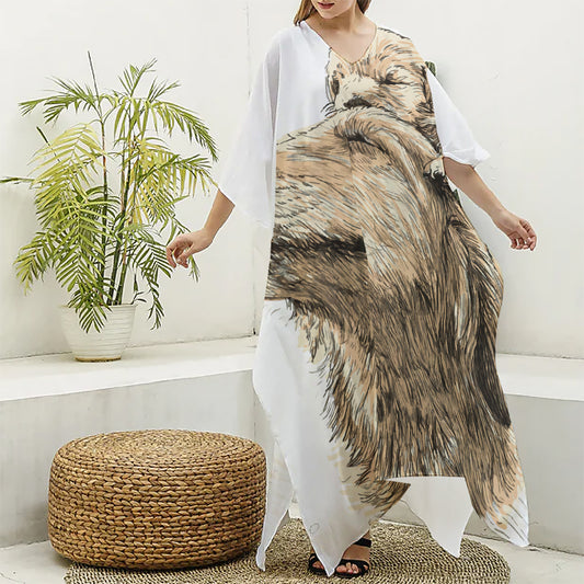 Labrador Retriever And Puppy Print Silk V-Neck Kaftan Dress