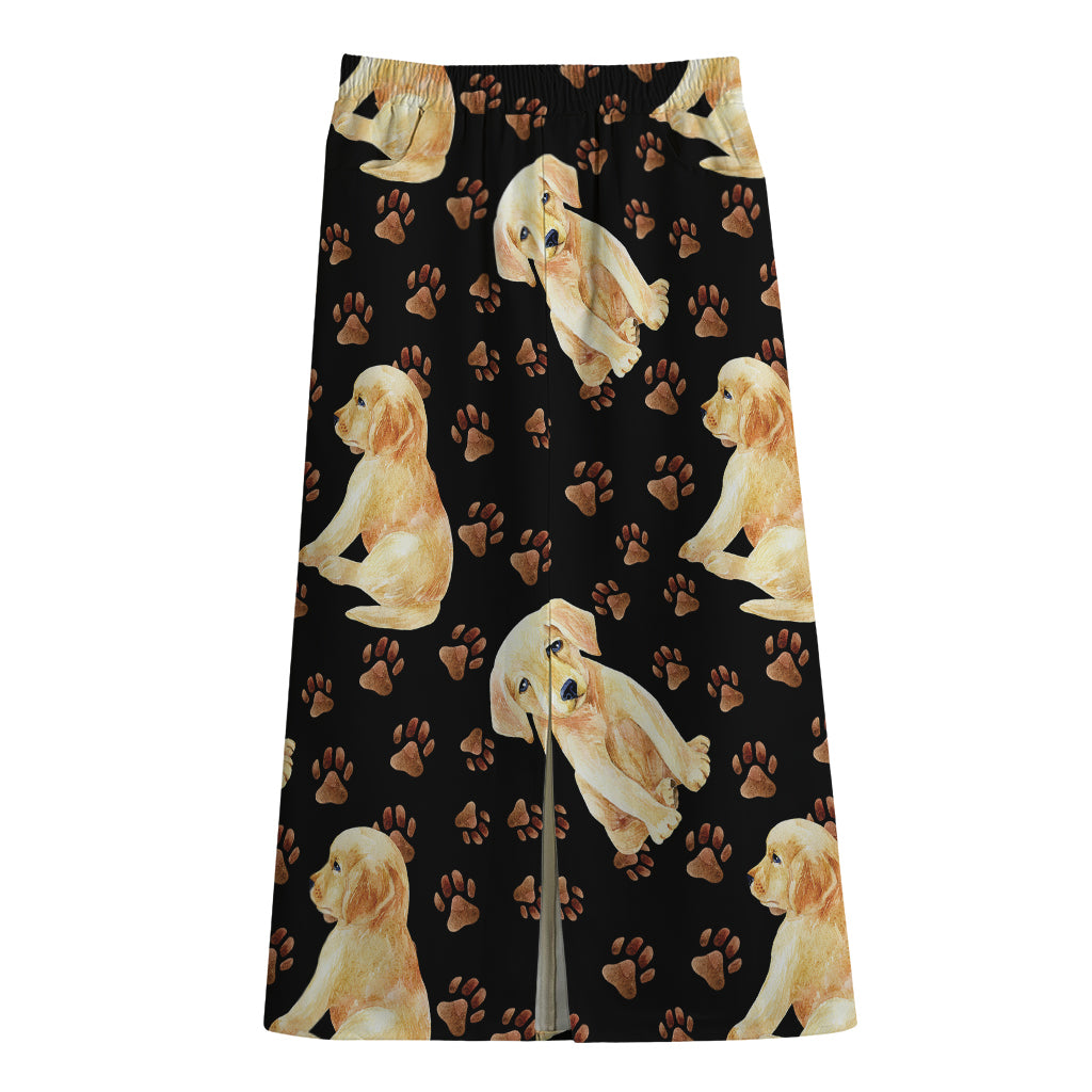 Labrador Retriever Puppy Pattern Print Cotton Front Slit Maxi Skirt