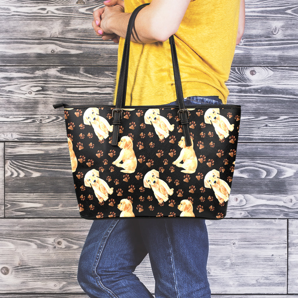 Labrador Retriever Puppy Pattern Print Leather Tote Bag