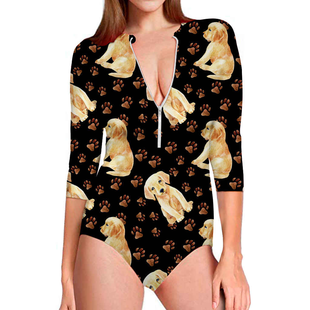 Labrador Retriever Puppy Pattern Print Long Sleeve Swimsuit