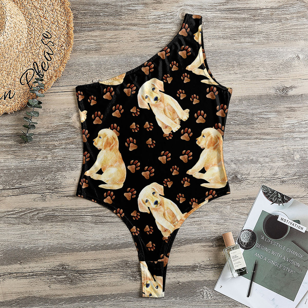 Labrador Retriever Puppy Pattern Print One Shoulder Bodysuit