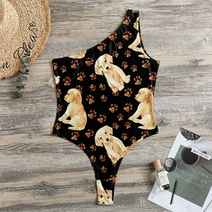 Labrador Retriever Puppy Pattern Print One Shoulder Bodysuit