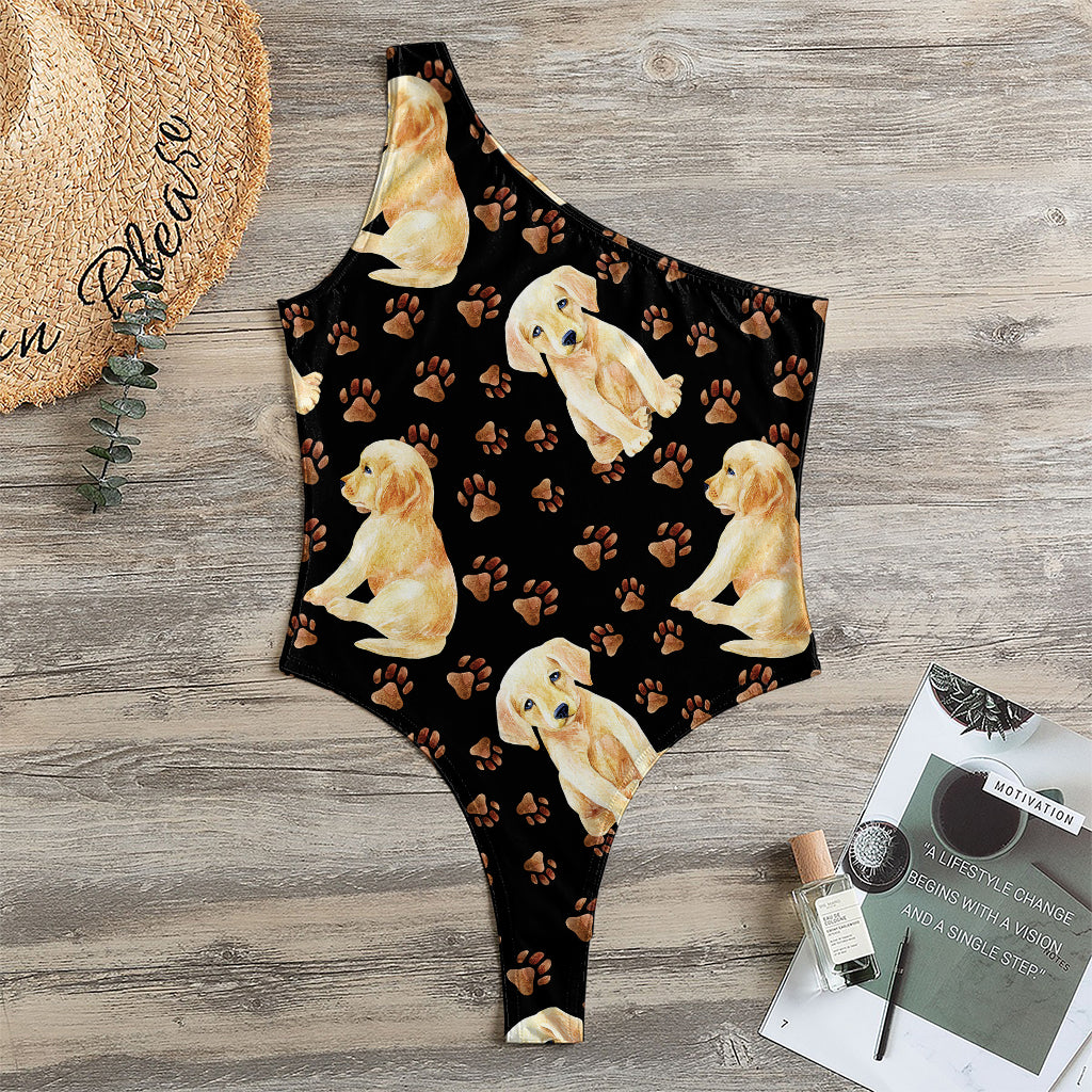 Labrador Retriever Puppy Pattern Print One Shoulder Bodysuit