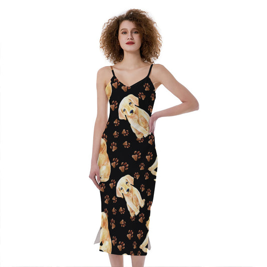 Labrador Retriever Puppy Pattern Print Slim Fit Midi Cami Dress