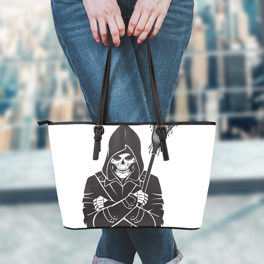 Lacrosse Skull Print Leather Tote Bag