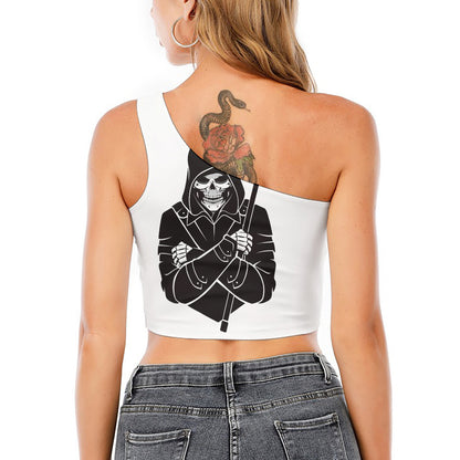 Lacrosse Skull Print One Shoulder Crop Top