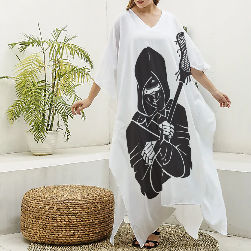 Lacrosse Skull Print Silk V-Neck Kaftan Dress