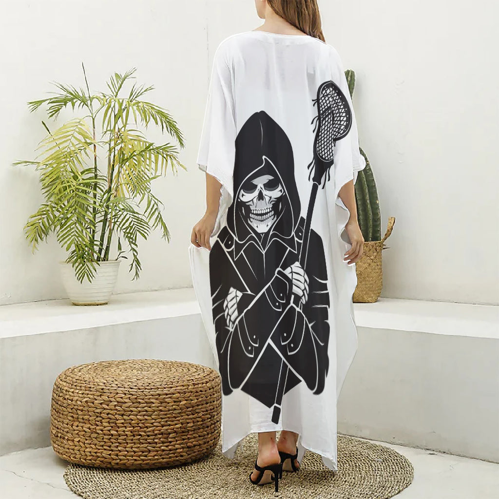 Lacrosse Skull Print Silk V-Neck Kaftan Dress