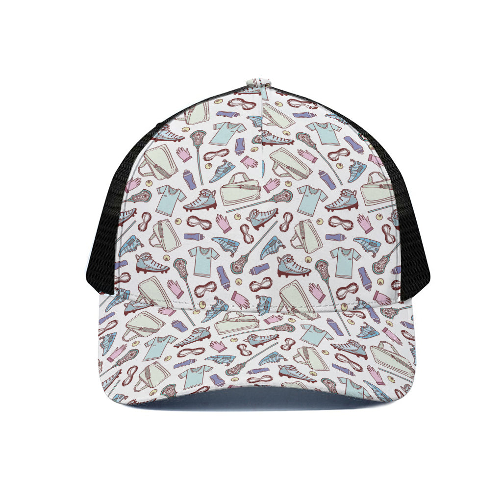 Lacrosse Sport Pattern Print Black Mesh Trucker Cap