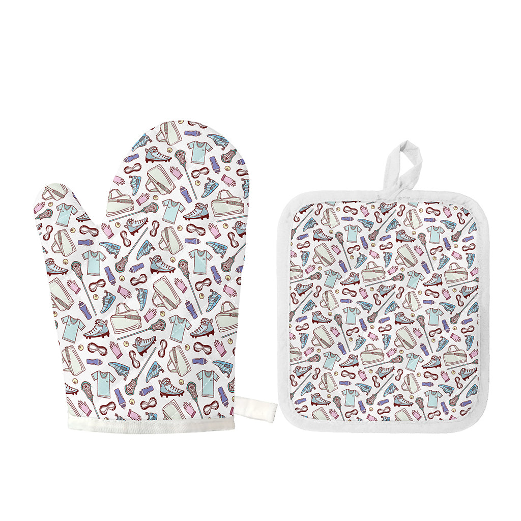 Lacrosse Sport Pattern Print Oven Mitt And Pot Holder Set