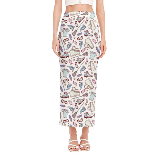Lacrosse Sport Pattern Print Side Slit Maxi Skirt
