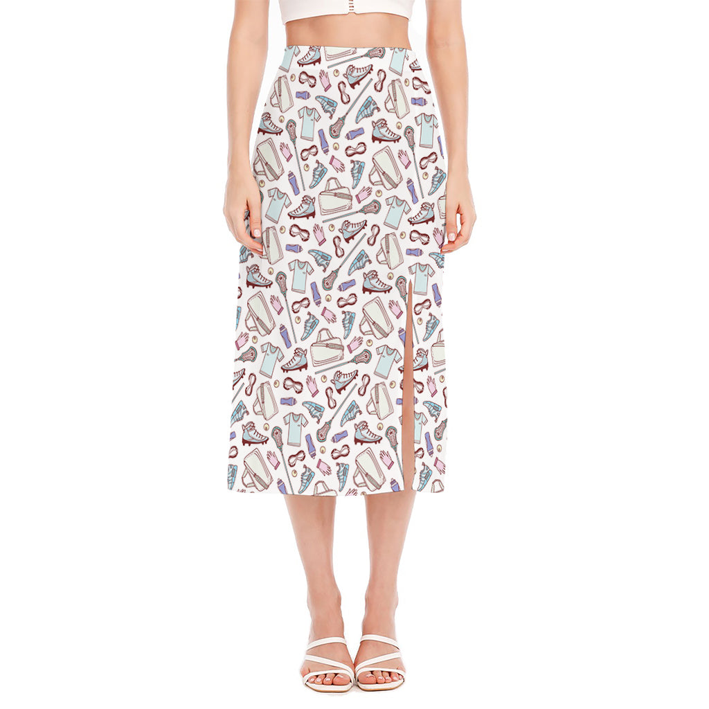 Lacrosse Sport Pattern Print Side Slit Midi Skirt