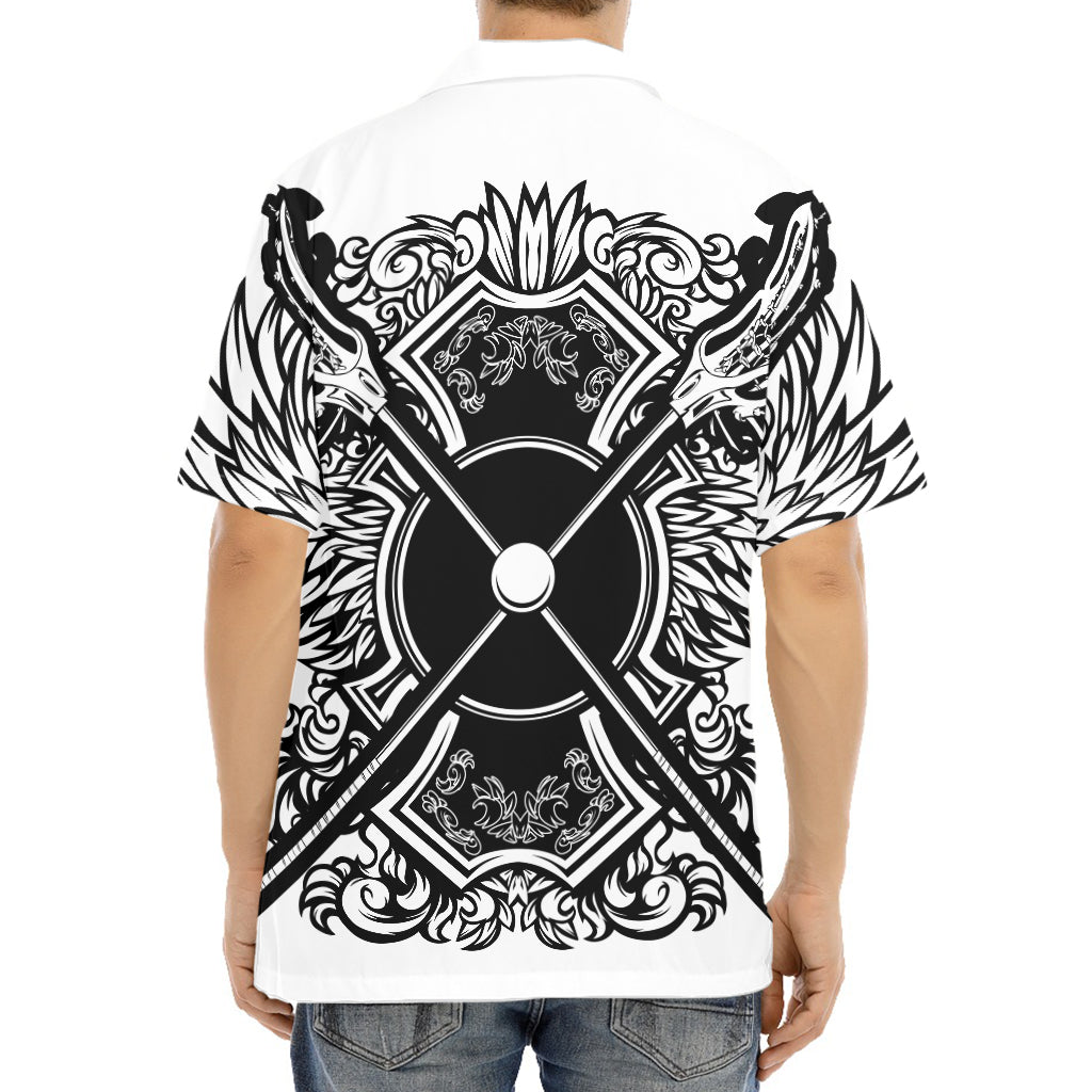 Lacrosse Sticks And Ornate Wing Print Aloha Shirt