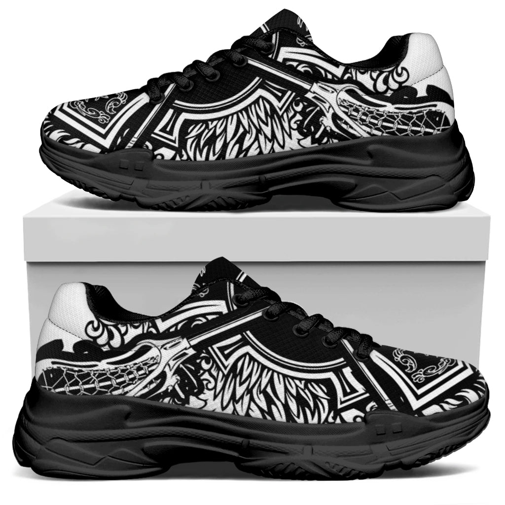 Lacrosse Sticks And Ornate Wing Print Black Chunky Shoes