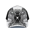 Lacrosse Sticks And Ornate Wing Print Black Mesh Trucker Hat