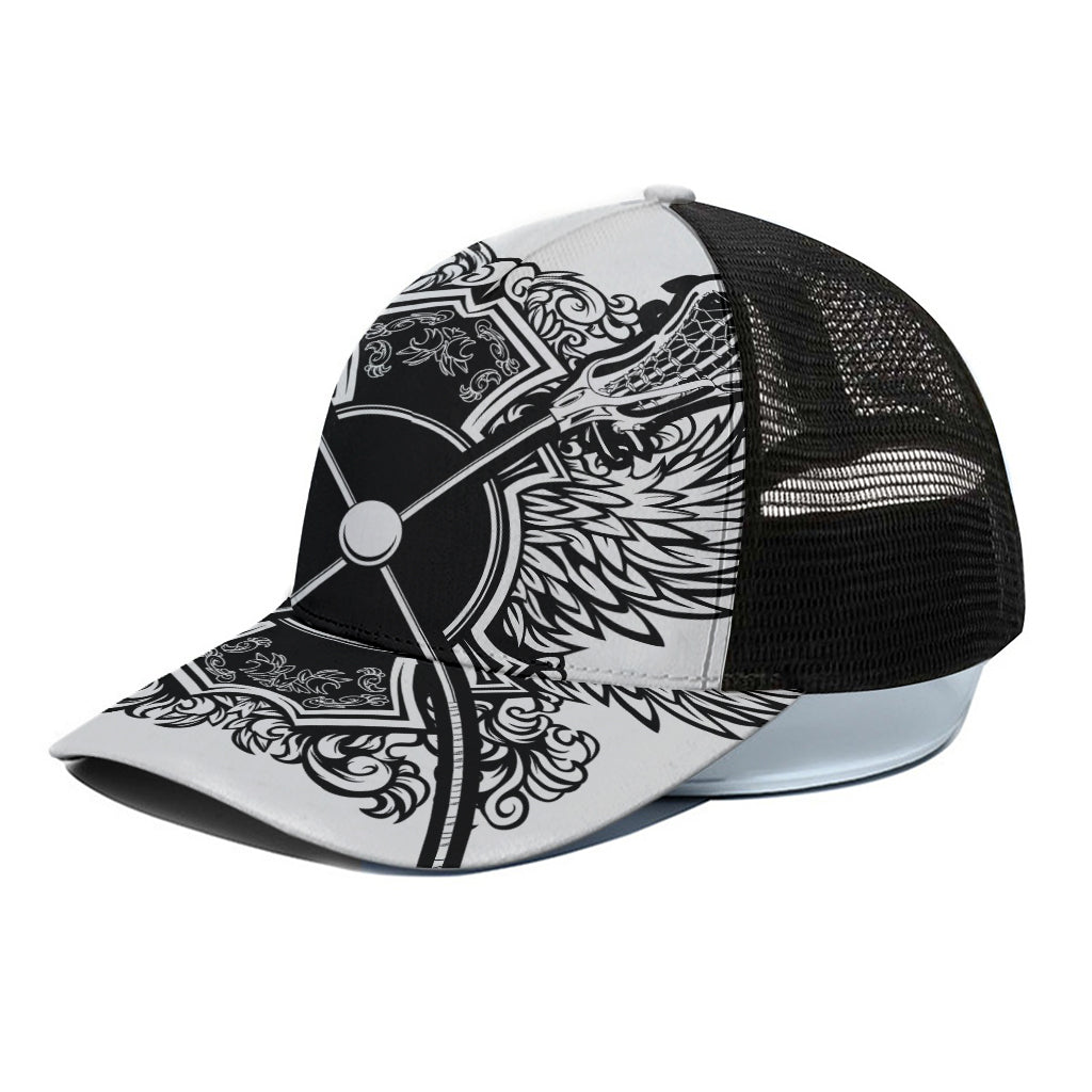 Lacrosse Sticks And Ornate Wing Print Black Mesh Trucker Cap