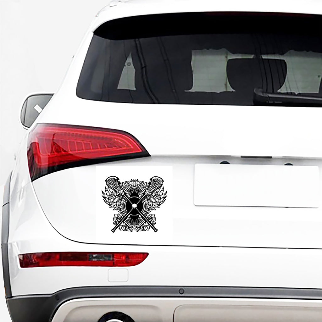 Lacrosse Sticks And Ornate Wing Print Car Sticker