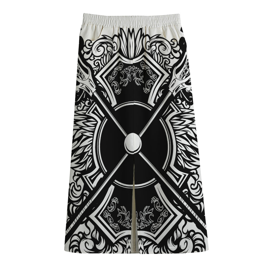 Lacrosse Sticks And Ornate Wing Print Cotton Front Slit Maxi Skirt