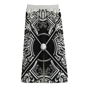 Lacrosse Sticks And Ornate Wing Print Cotton Front Slit Maxi Skirt