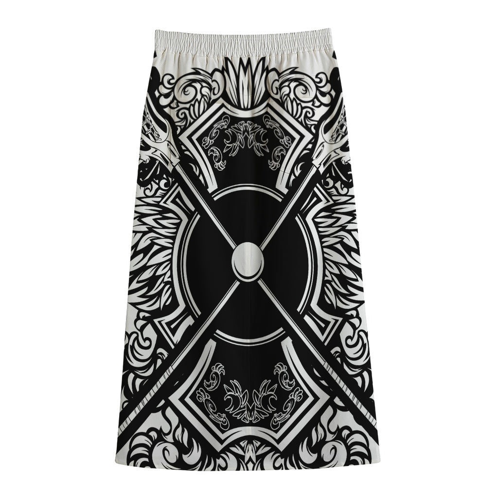 Lacrosse Sticks And Ornate Wing Print Cotton Front Slit Maxi Skirt