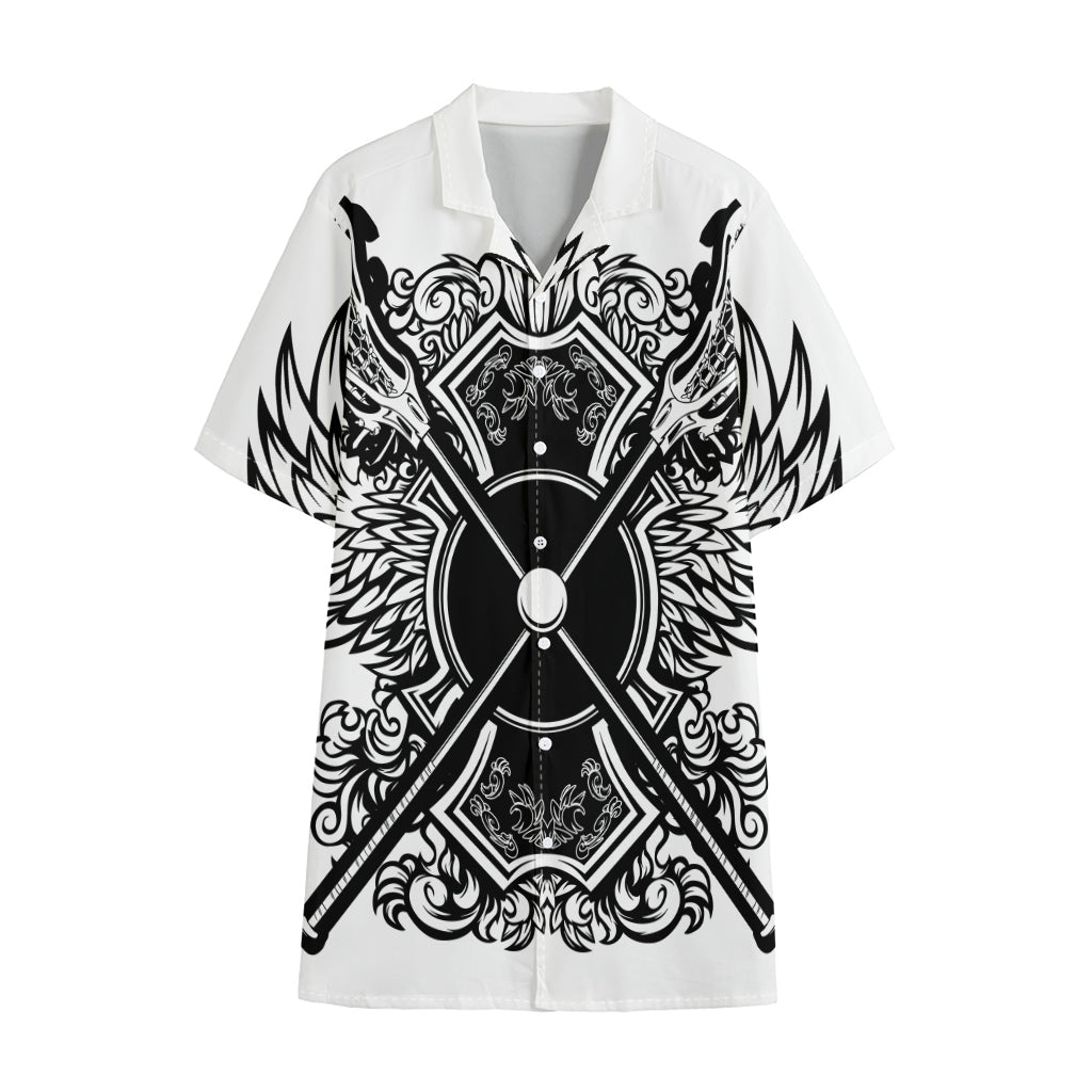 Lacrosse Sticks And Ornate Wing Print Cotton Hawaiian Shirt
