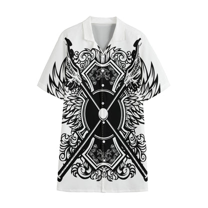 Lacrosse Sticks And Ornate Wing Print Cotton Hawaiian Shirt