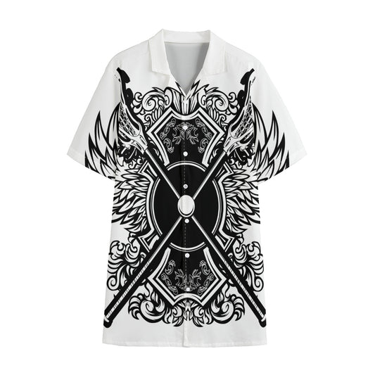 Lacrosse Sticks And Ornate Wing Print Cotton Hawaiian Shirt