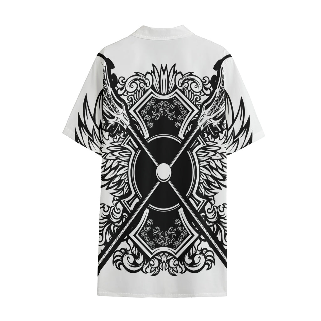 Lacrosse Sticks And Ornate Wing Print Cotton Hawaiian Shirt