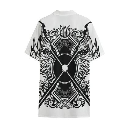 Lacrosse Sticks And Ornate Wing Print Cotton Hawaiian Shirt