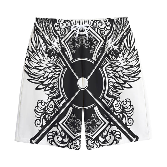 Lacrosse Sticks And Ornate Wing Print Cotton Shorts