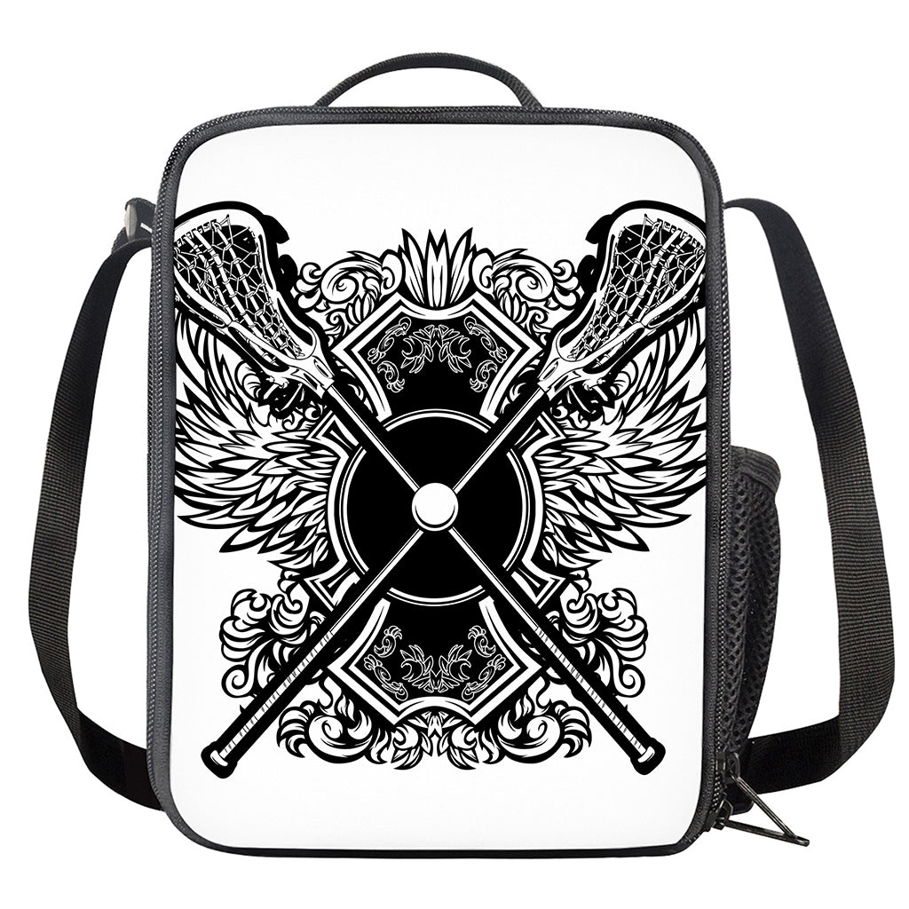 Lacrosse Sticks And Ornate Wing Print Crossbody Lunch Bag