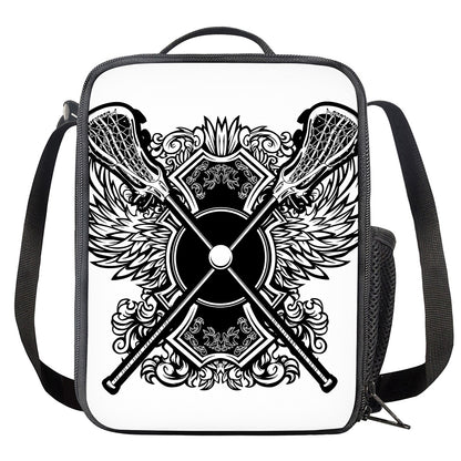 Lacrosse Sticks And Ornate Wing Print Crossbody Lunch Bag