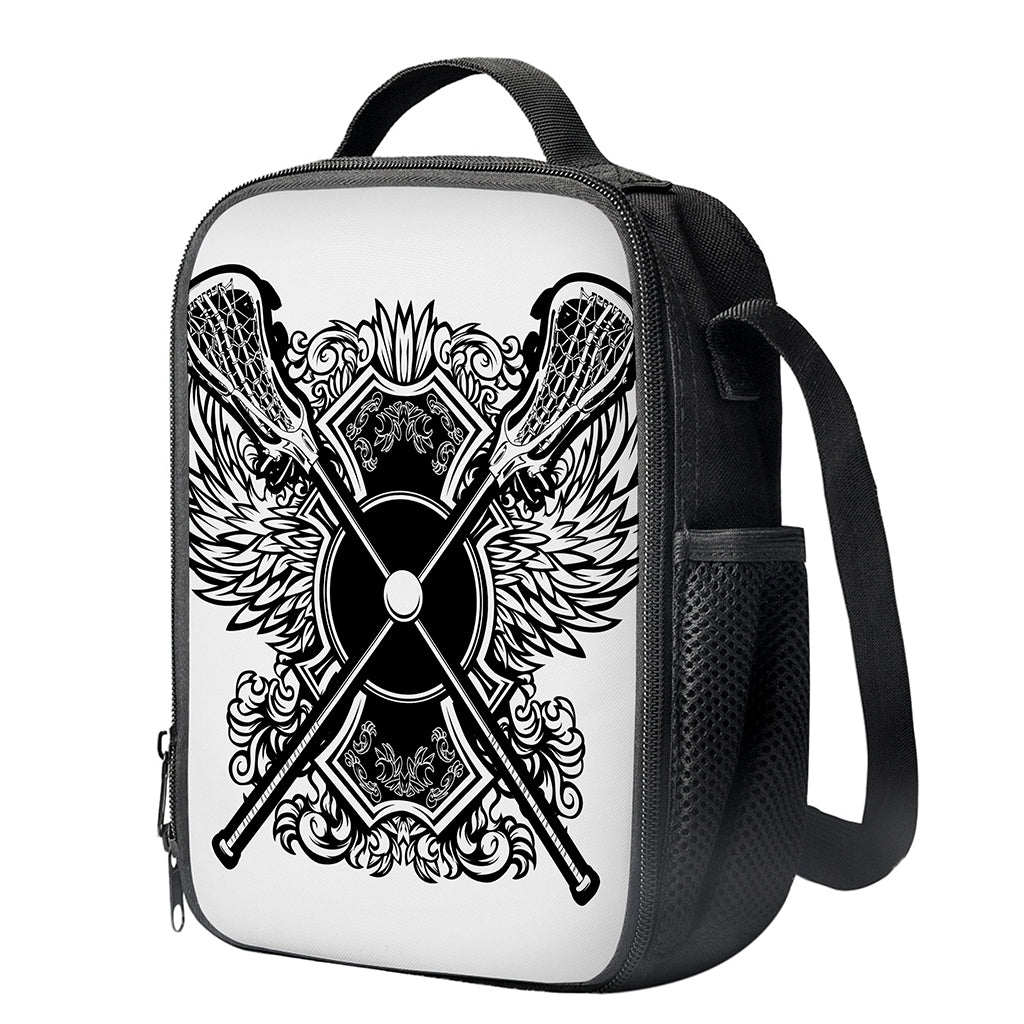 Lacrosse Sticks And Ornate Wing Print Crossbody Lunch Bag