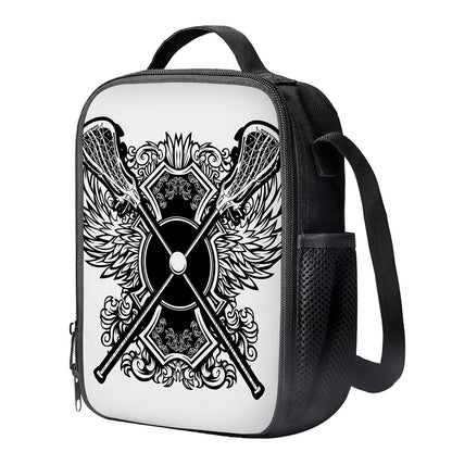 Lacrosse Sticks And Ornate Wing Print Crossbody Lunch Bag
