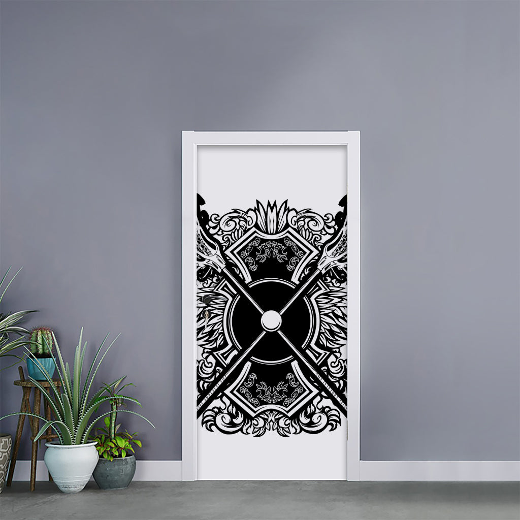 Lacrosse Sticks And Ornate Wing Print Door Sticker