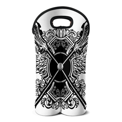 Lacrosse Sticks And Ornate Wing Print Double Neoprene Wine Tote