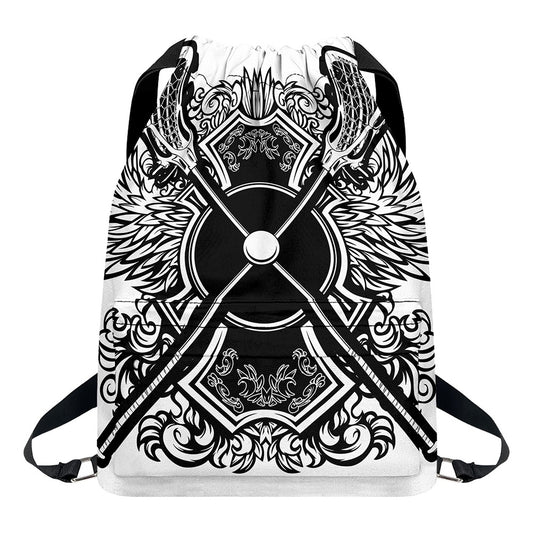 Lacrosse Sticks And Ornate Wing Print Drawstring Backpack