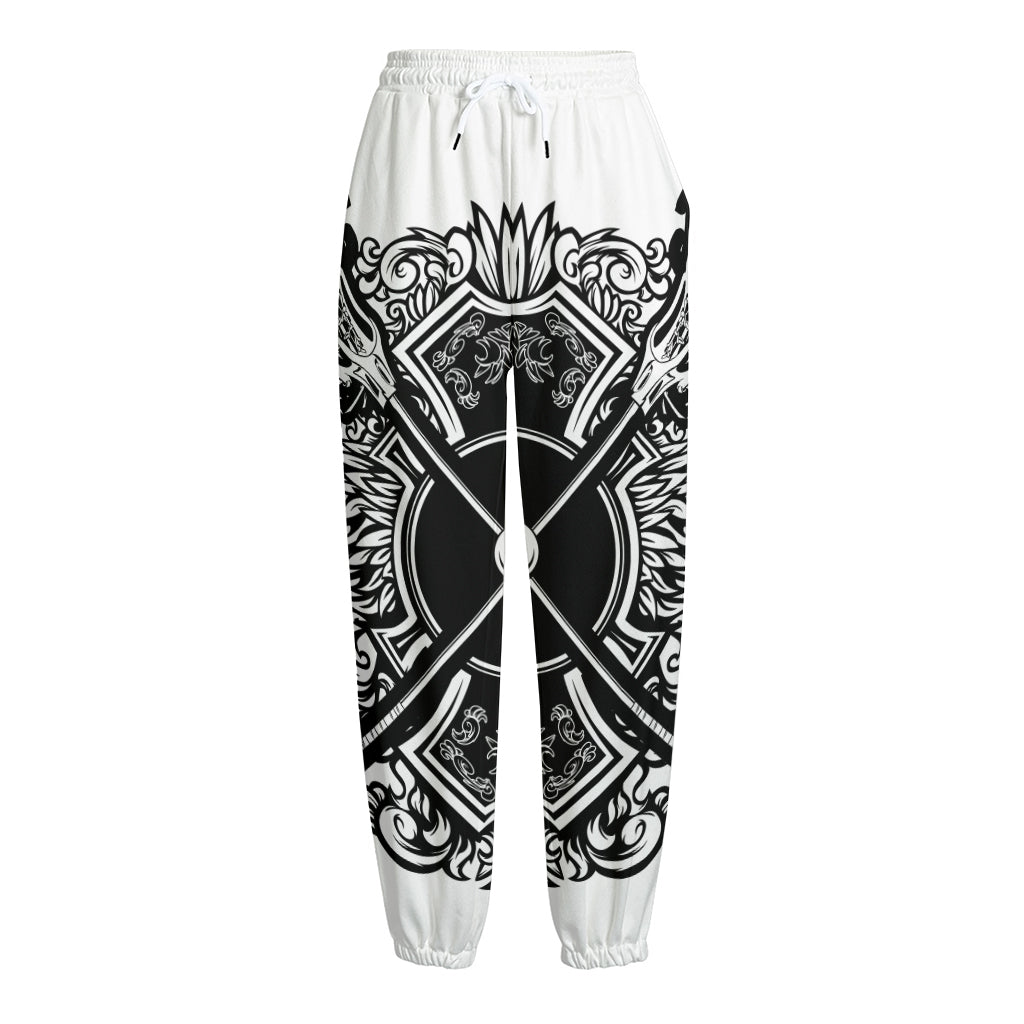 Lacrosse Sticks And Ornate Wing Print Fleece Lined Knit Pants